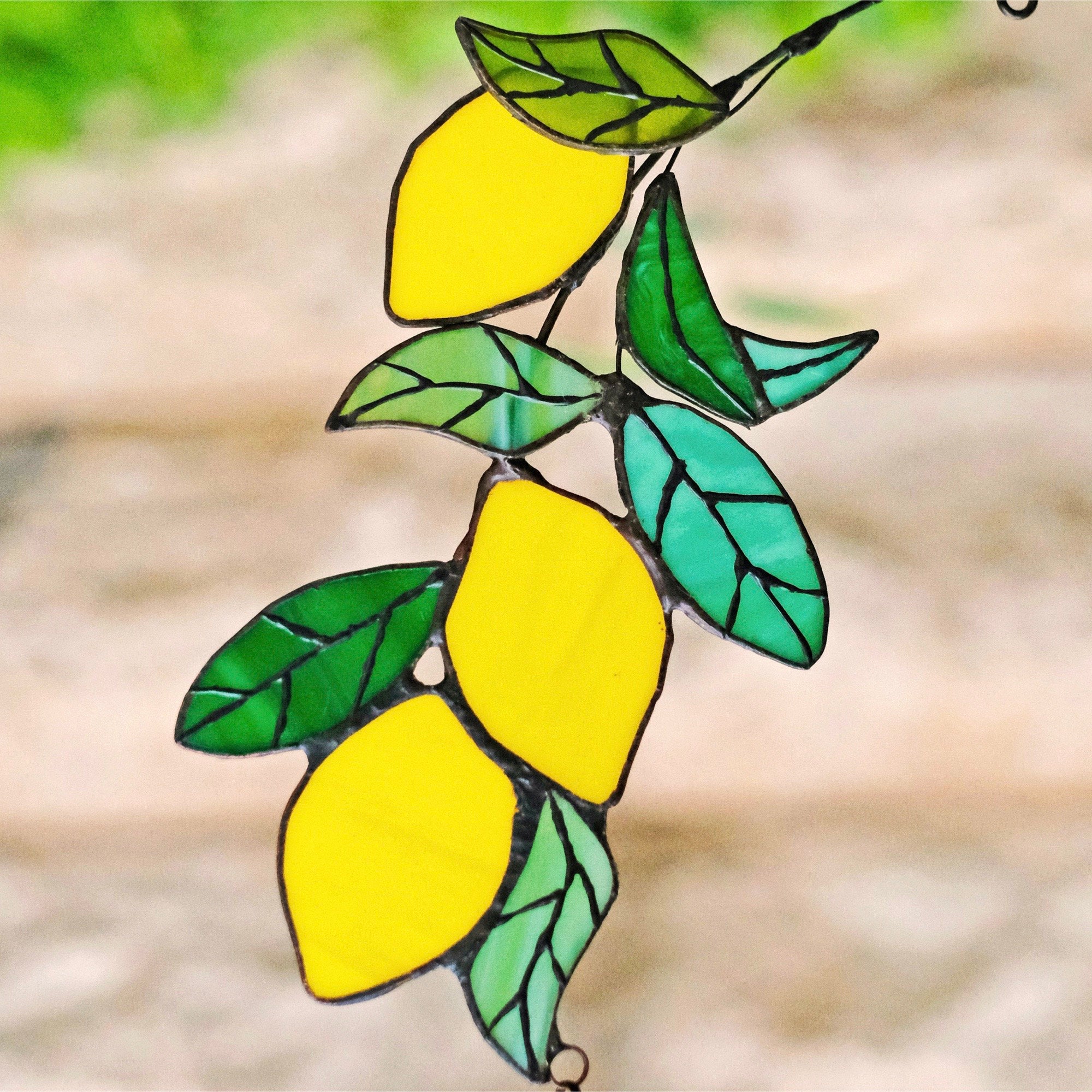 Lemon branch Stained Glass Suncatcher Window Hangings Lemon Tree Leaves Plant Stain Glass Home Garden Decor Lemon Decorations Gift for Her