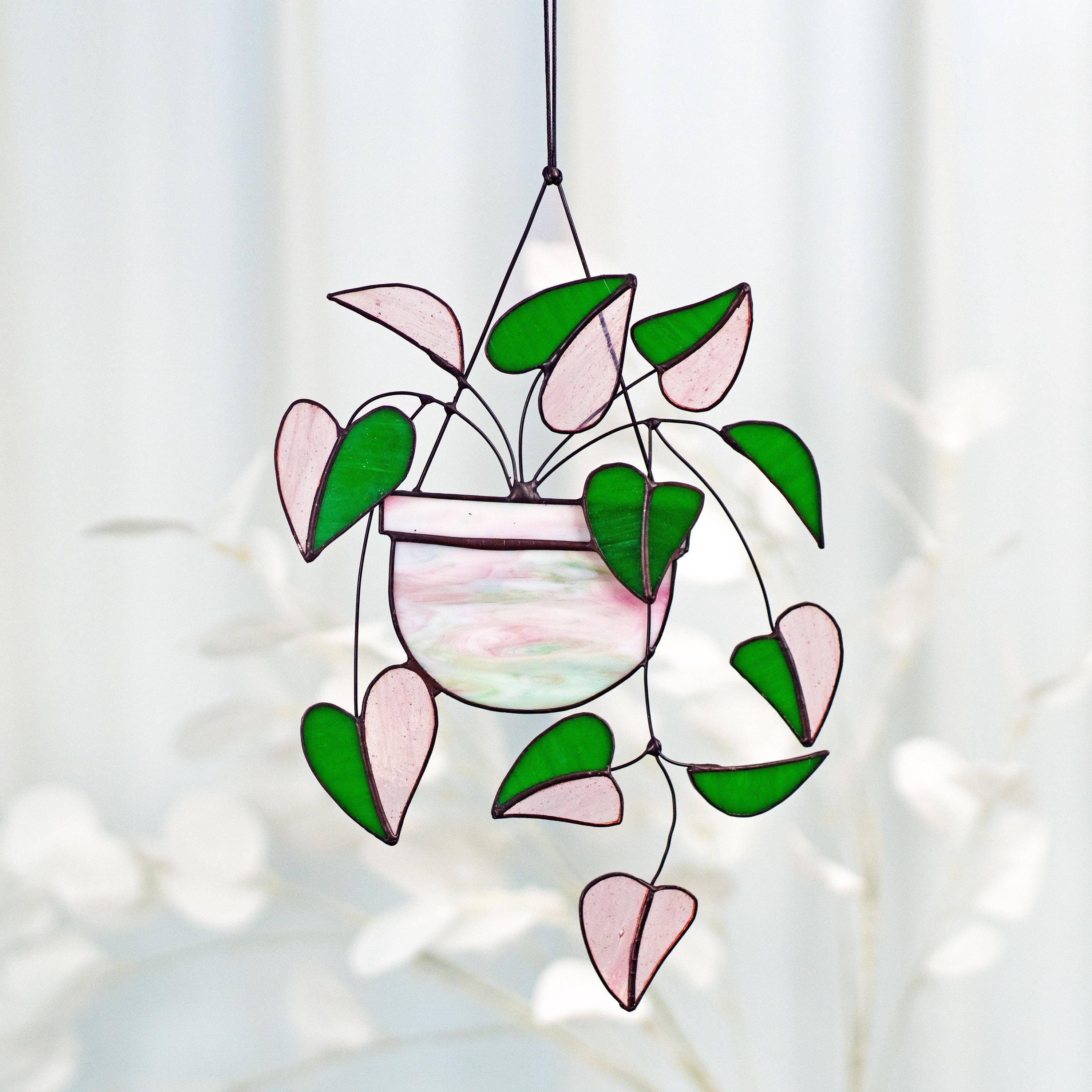 Heart Pink Philodendron Plant Stained Glass Hanging Plant Suncatcher Home Decor Glass  Wall Art Garden Plant Boho home decor Hanging Plant