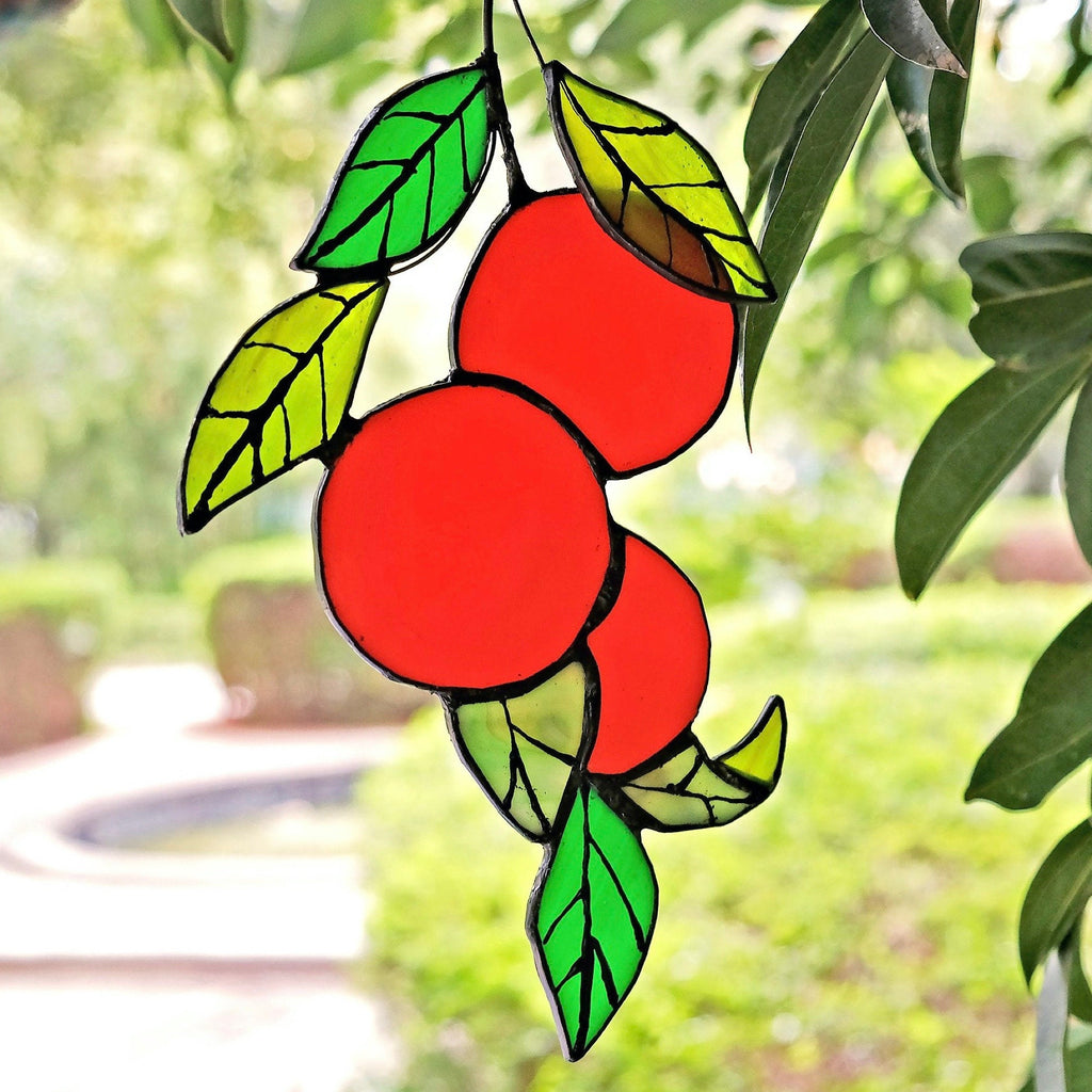 Orange branch Stained glass sun catcher window hanging suncatcher Orange tree leaves pendant fruit plant lover garden gift for christmas