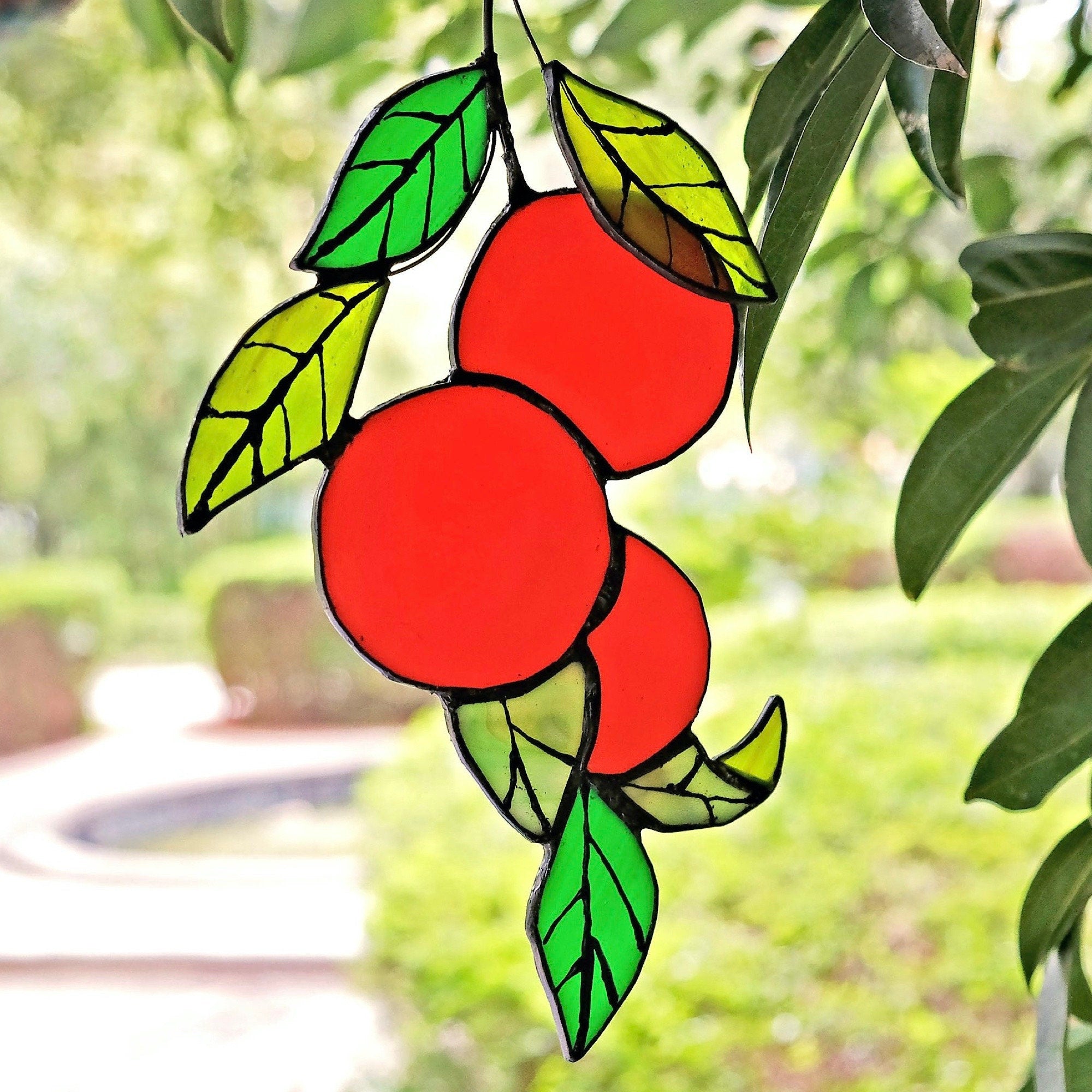 Orange branch Stained glass sun catcher window hanging suncatcher Orange tree leaves pendant fruit plant lover garden gift for christmas