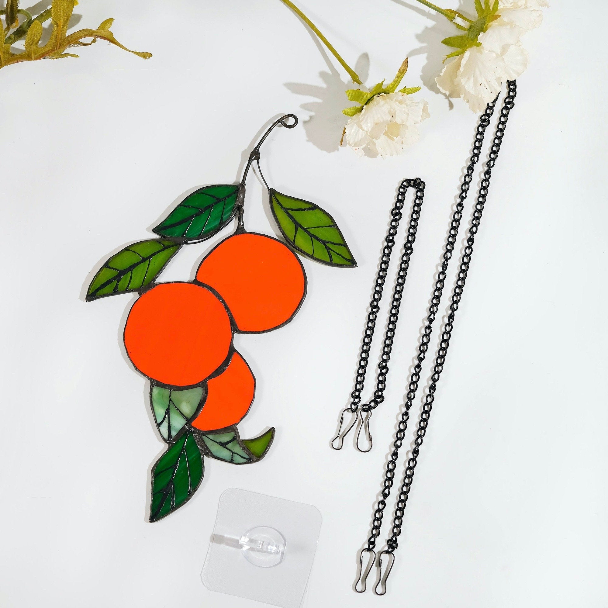 Orange branch Stained glass sun catcher window hanging suncatcher Orange tree leaves pendant fruit plant lover garden gift for christmas