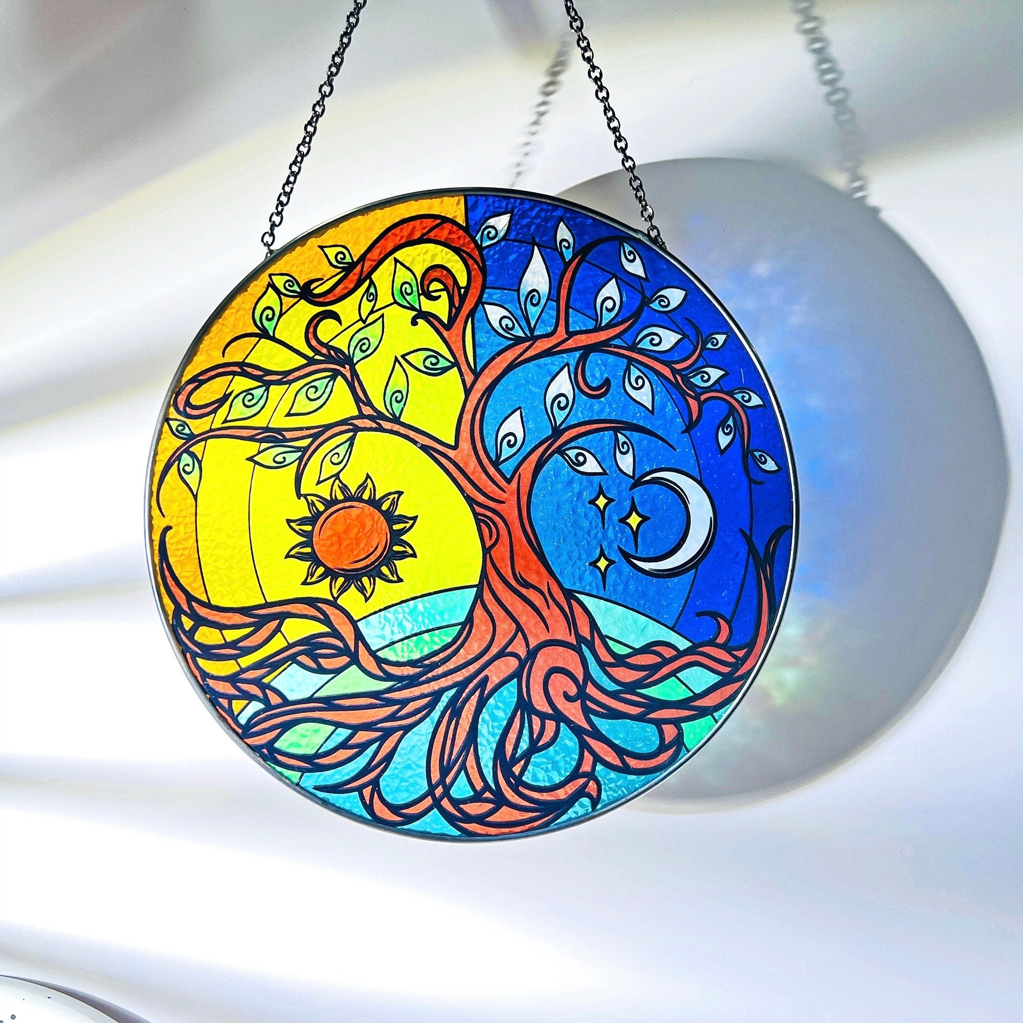 Tree of Life with Sun and Moon Stained Glass Window Hanging Suncatcher Yin Yang with Gradient Colors, Hand-Painted Glass Panel Decor
