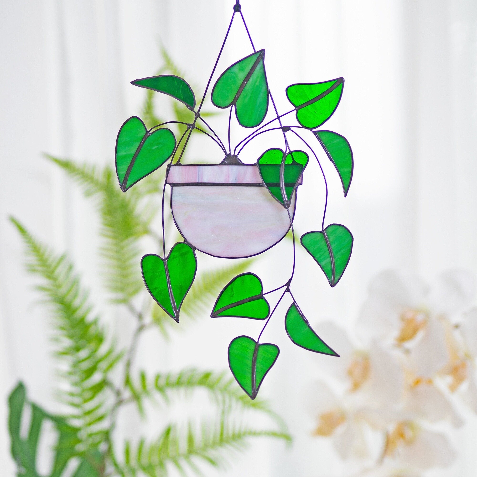 Heart leaf Philodendron Plant Stained Glass Hanging Plant Suncatcher Home Decor Glass  Wall Art Garden Plant Boho home decor Hanging Plant