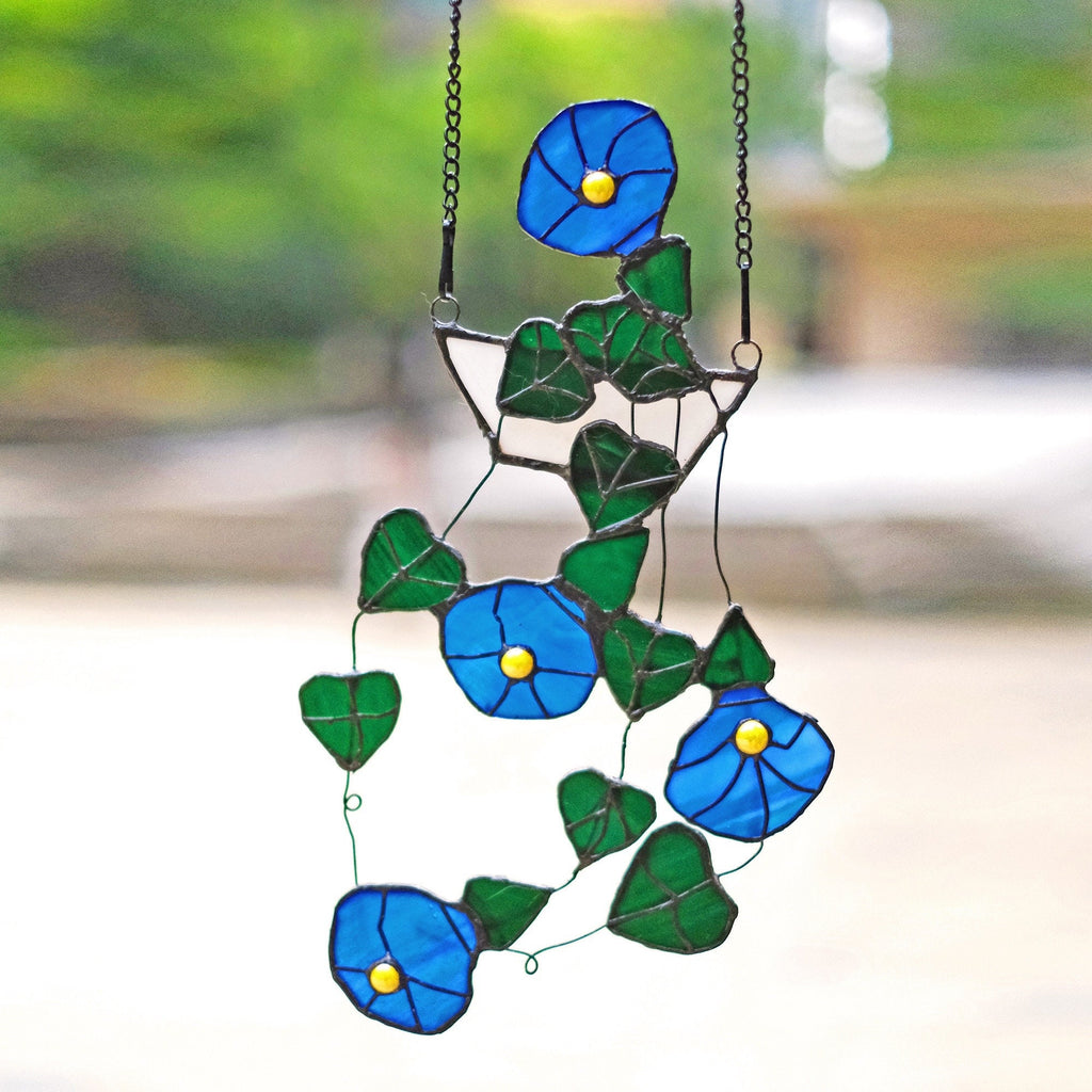 String of Hearts Morning Glory Stained Glass Window Hanging Fake Plant Hanging Suncatcher Plant Decor, Stained Glass Succulent, Flower