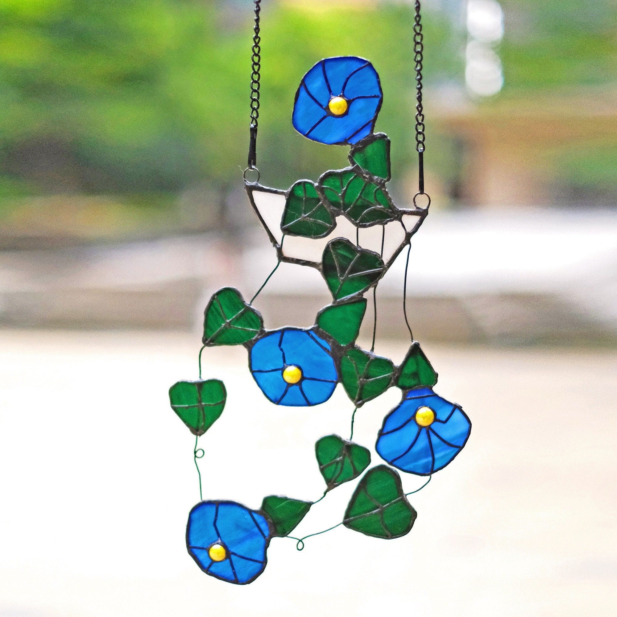 String of Hearts Morning Glory Stained Glass Window Hanging Fake Plant Hanging Suncatcher Plant Decor, Stained Glass Succulent, Flower