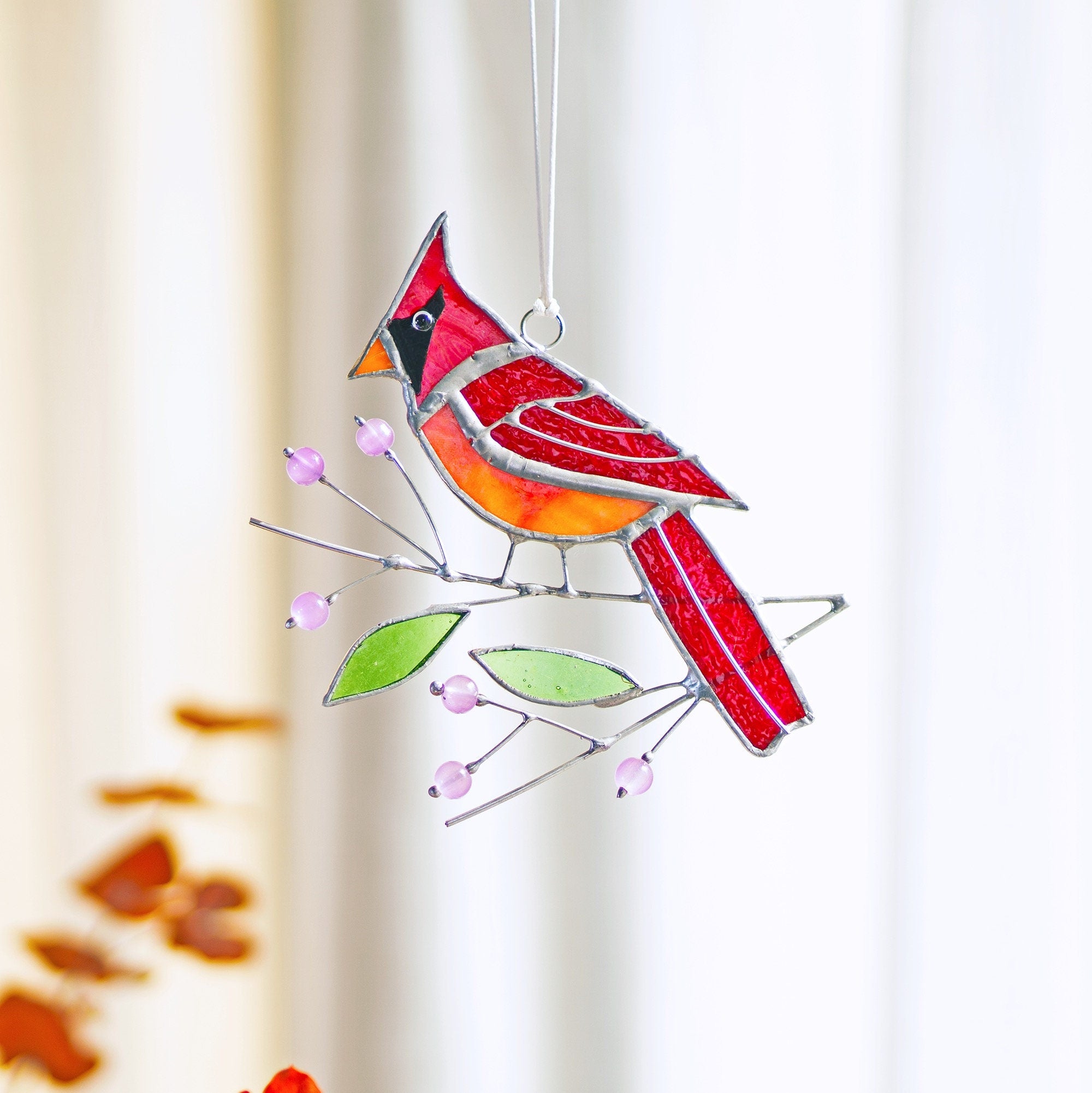 Cardinal stained glass window hangings Bird Branch Fathers Day gifts Stained glass bird suncatcher Cardinal gifts Custom stained glass decor