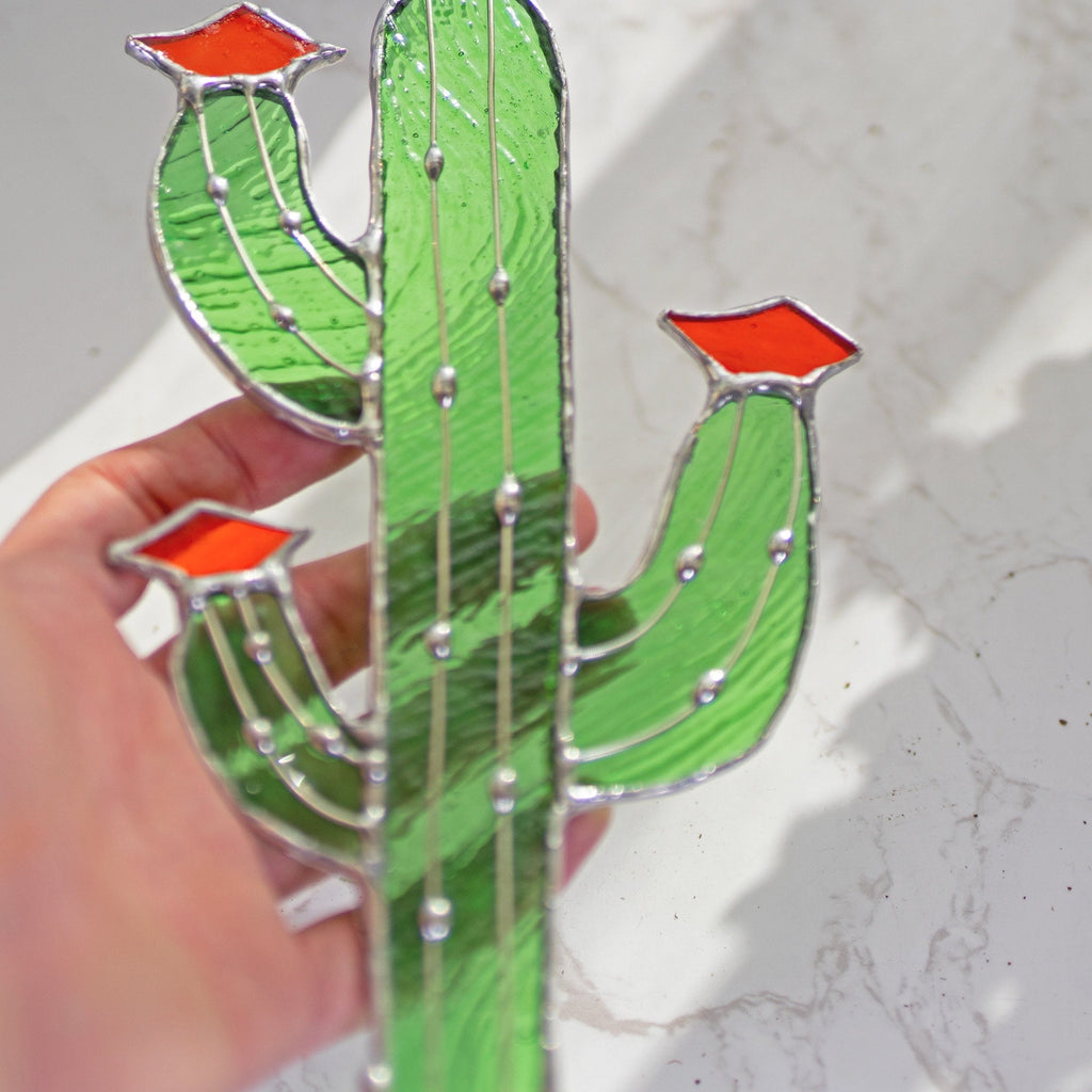 Iridescent Cactus Stained Glass Stake cacti Arizona Ornament Succulent Plant Sun Catcher Desert Garden Wall Art Boho Handmade Decor