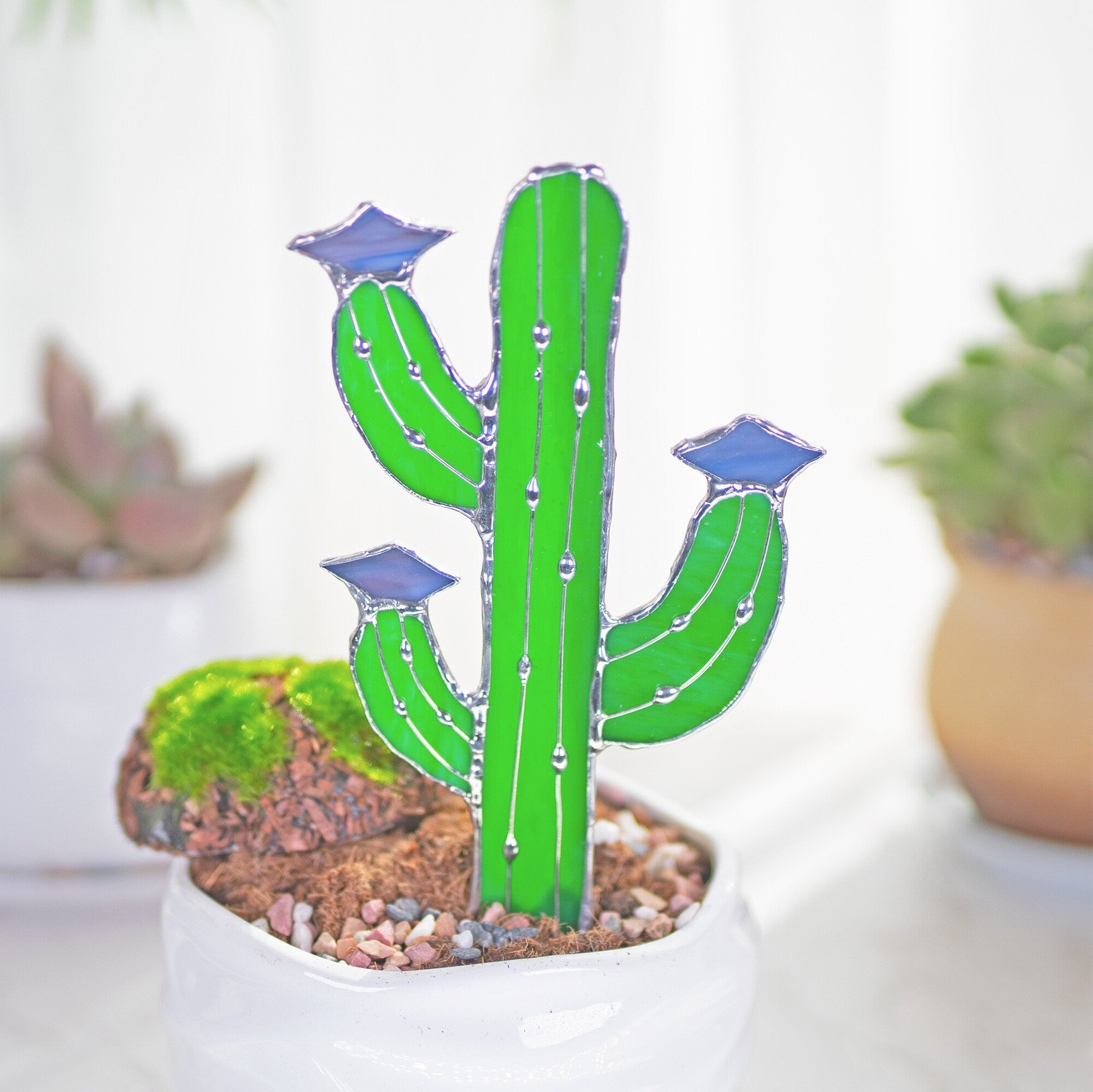 Cactus Stained Glass Stake cacti Arizona Ornament Succulent Plant Sun Catcher Desert Garden Wall Art Boho Handmade Decor mothers day gift
