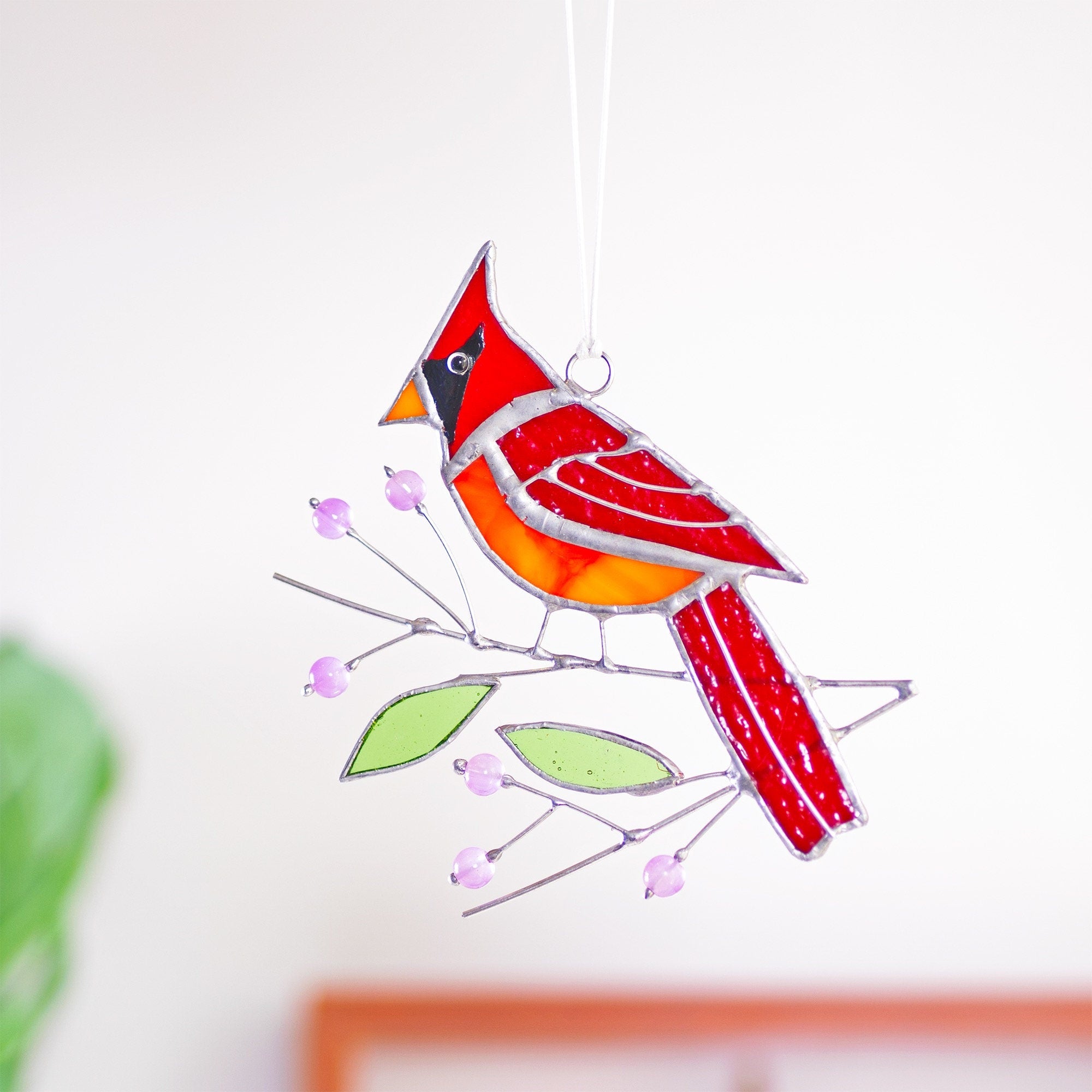 Cardinal stained glass window hangings Bird Branch Fathers Day gifts Stained glass bird suncatcher Cardinal gifts Custom stained glass decor