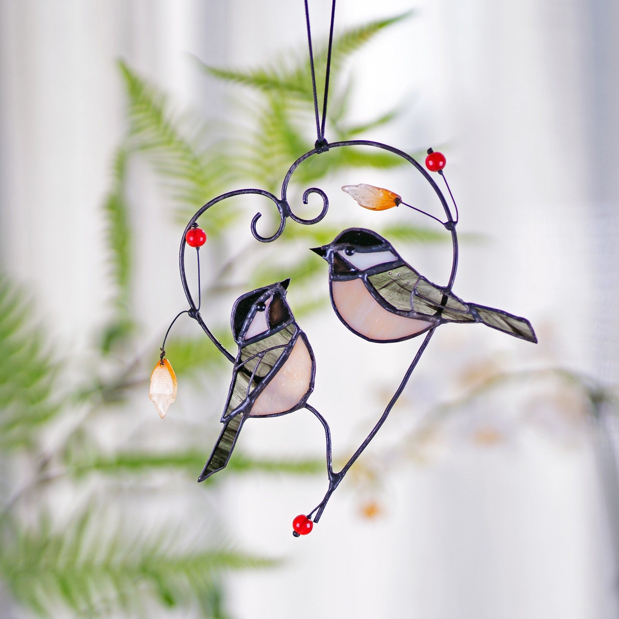 Chickadee Stained Glass Bird Sun Catcher Heart Stain Glass Bird Stained Glass Couple Window Hangings Mothers Day gift Bird