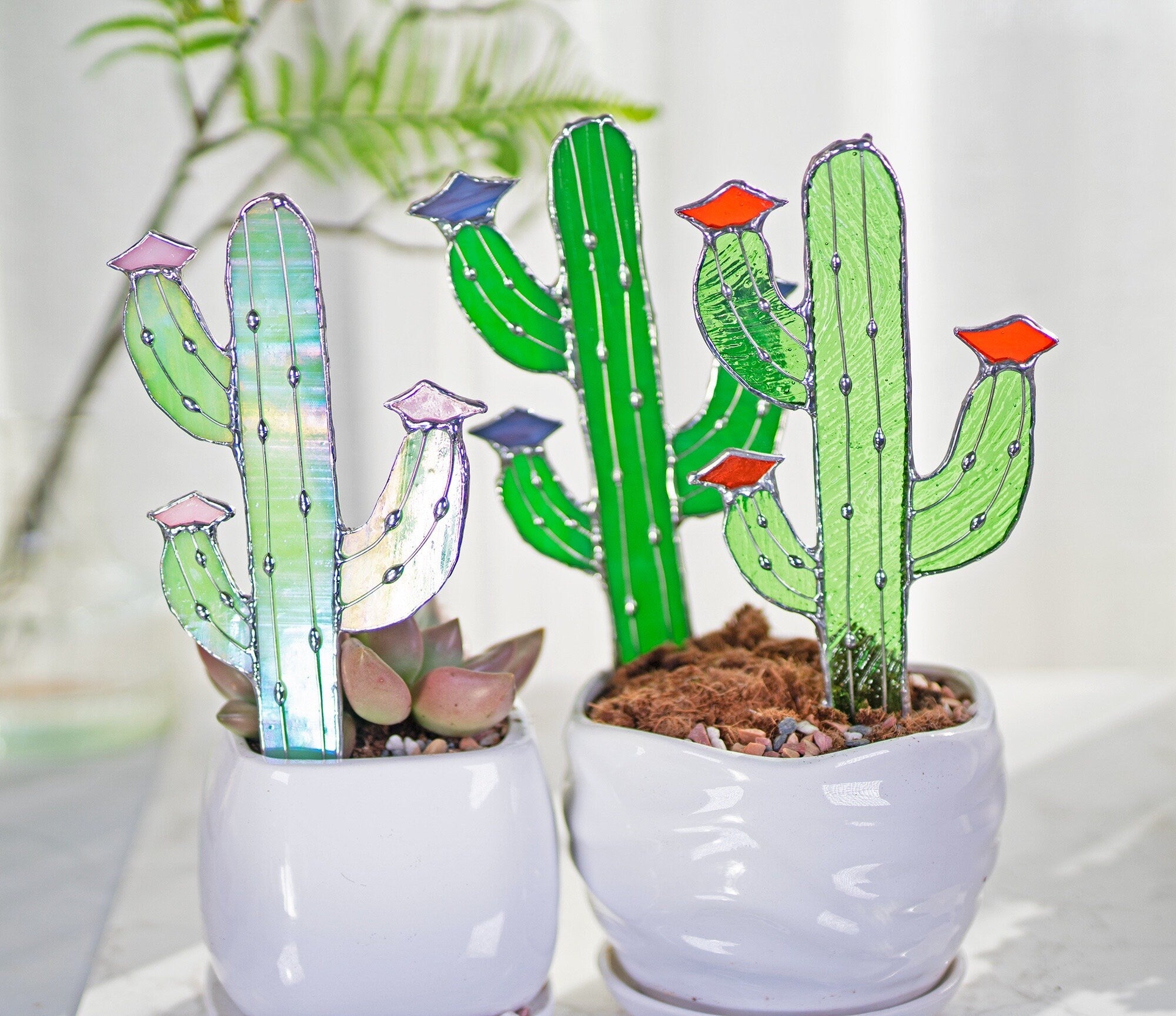 Iridescent Cactus Stained Glass Stake cacti Arizona Ornament Succulent Plant Sun Catcher Desert Garden Wall Art Boho Handmade Decor