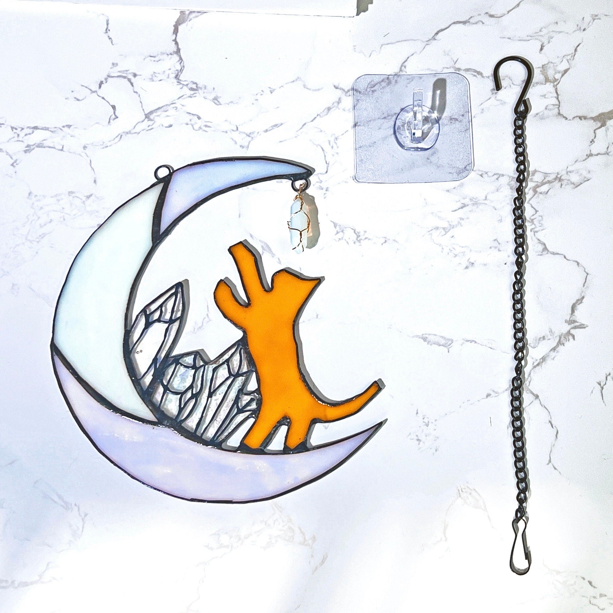 Cat on Moon Stained Glass Suncatcher Window Hanging Cat Memorial Gifts for Loss of Cat Decor, Cat Lover
