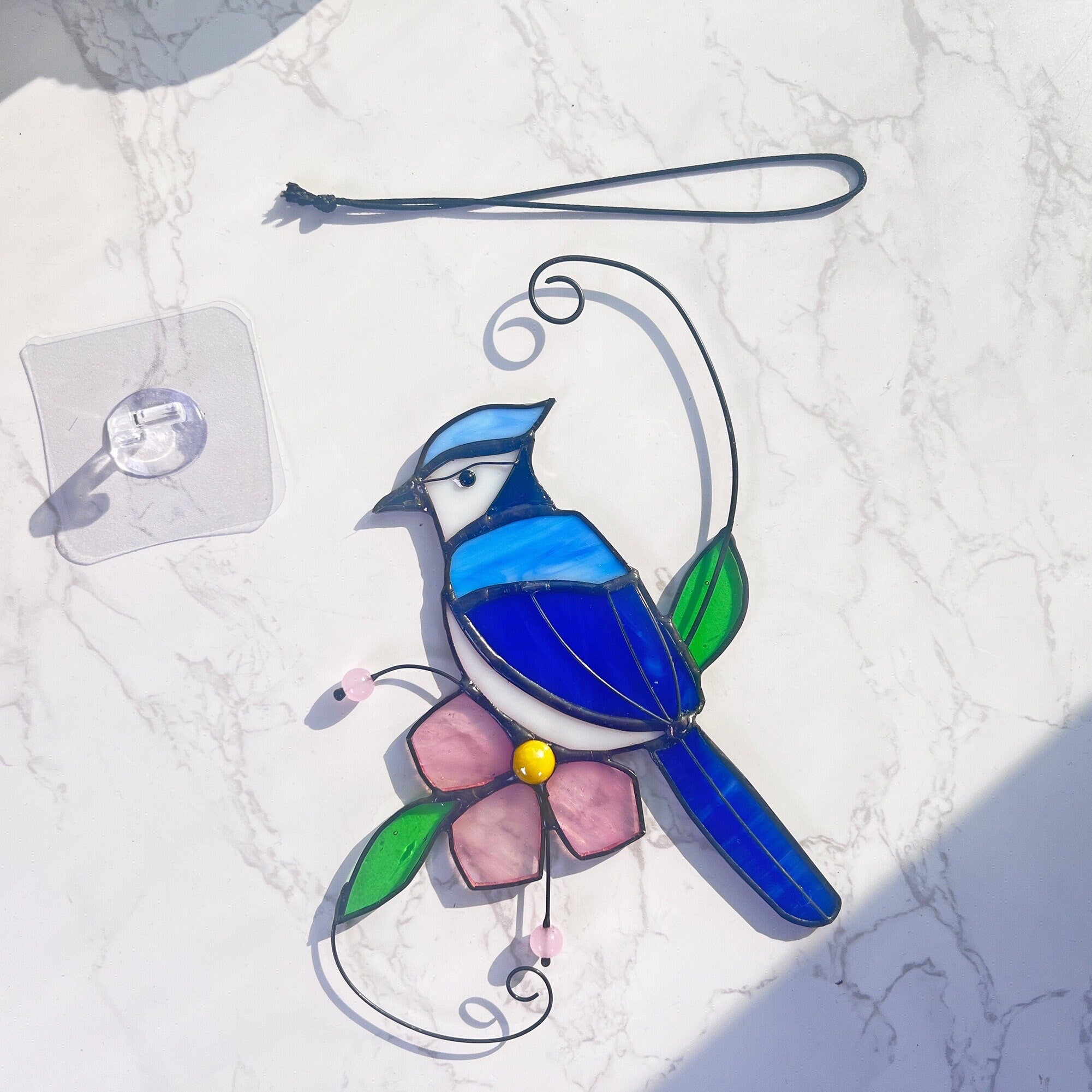 Blue jay stained glass bird suncatcher Blue jay feathers flower stained glass window hangings Blue jay art Stained glass Mothers Day gift