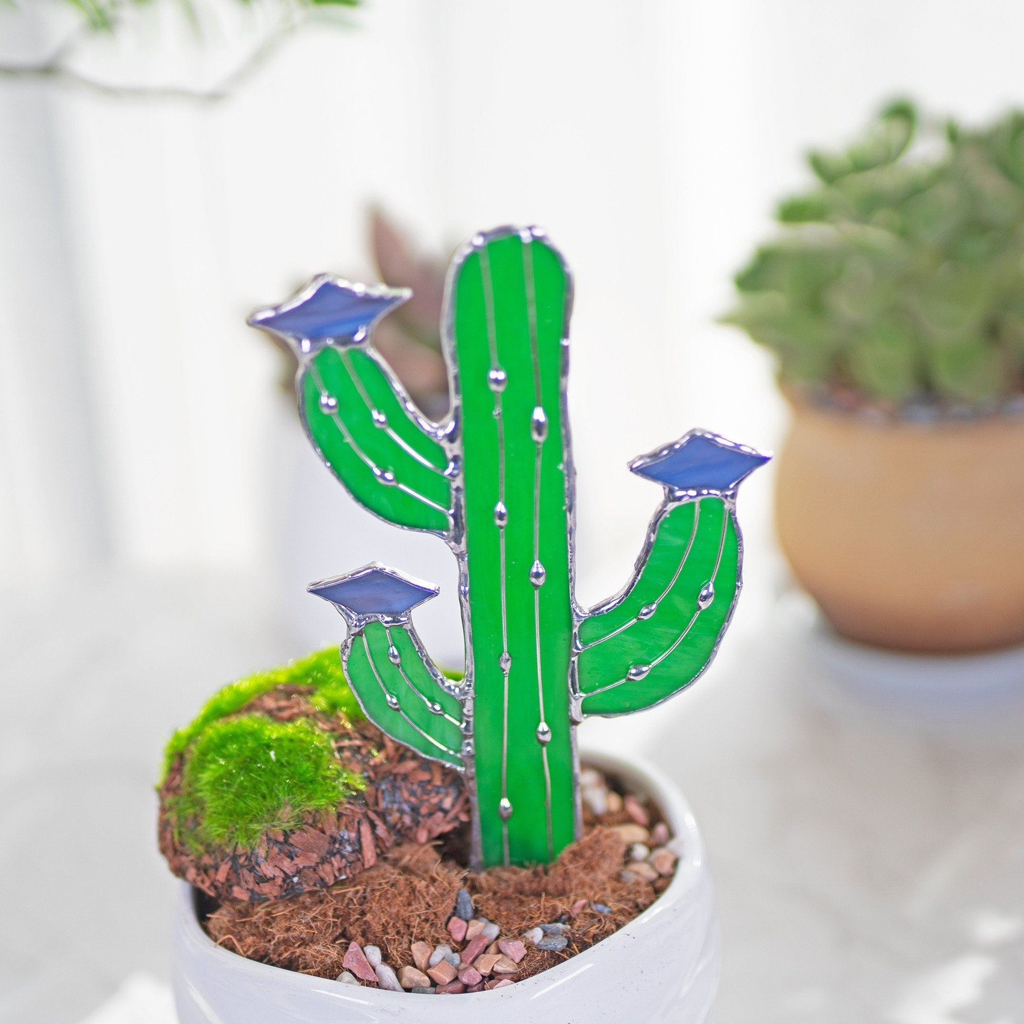 Cactus Stained Glass Stake cacti Arizona Ornament Succulent Plant Sun Catcher Desert Garden Wall Art Boho Handmade Decor mothers day gift