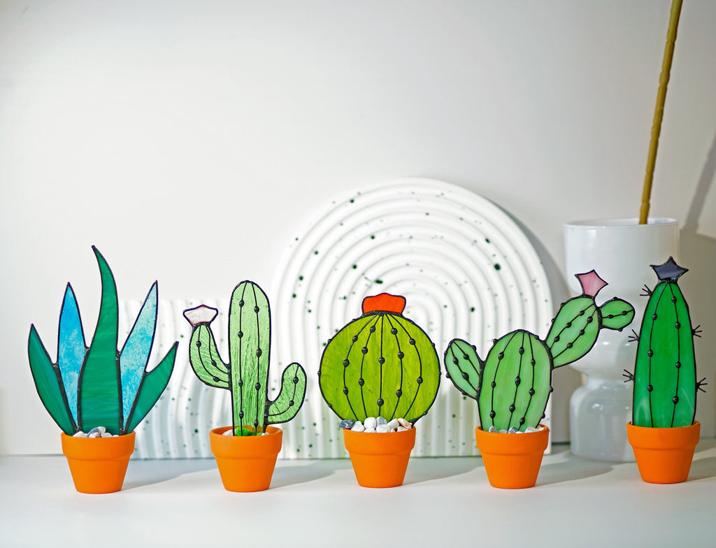 Cactus Plant Stained Glass Succulents Plants Suncatcher Cactus Decor Garden Decor Plants Glass Art, Artificial House Plant,Birthday Gifts