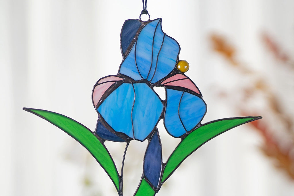 Iris Flower Stained Glass Sun Catcher Blue purple flower Stain Glass Window Hangings Wall decor gift for Mom Plant lover Mothers day Gift